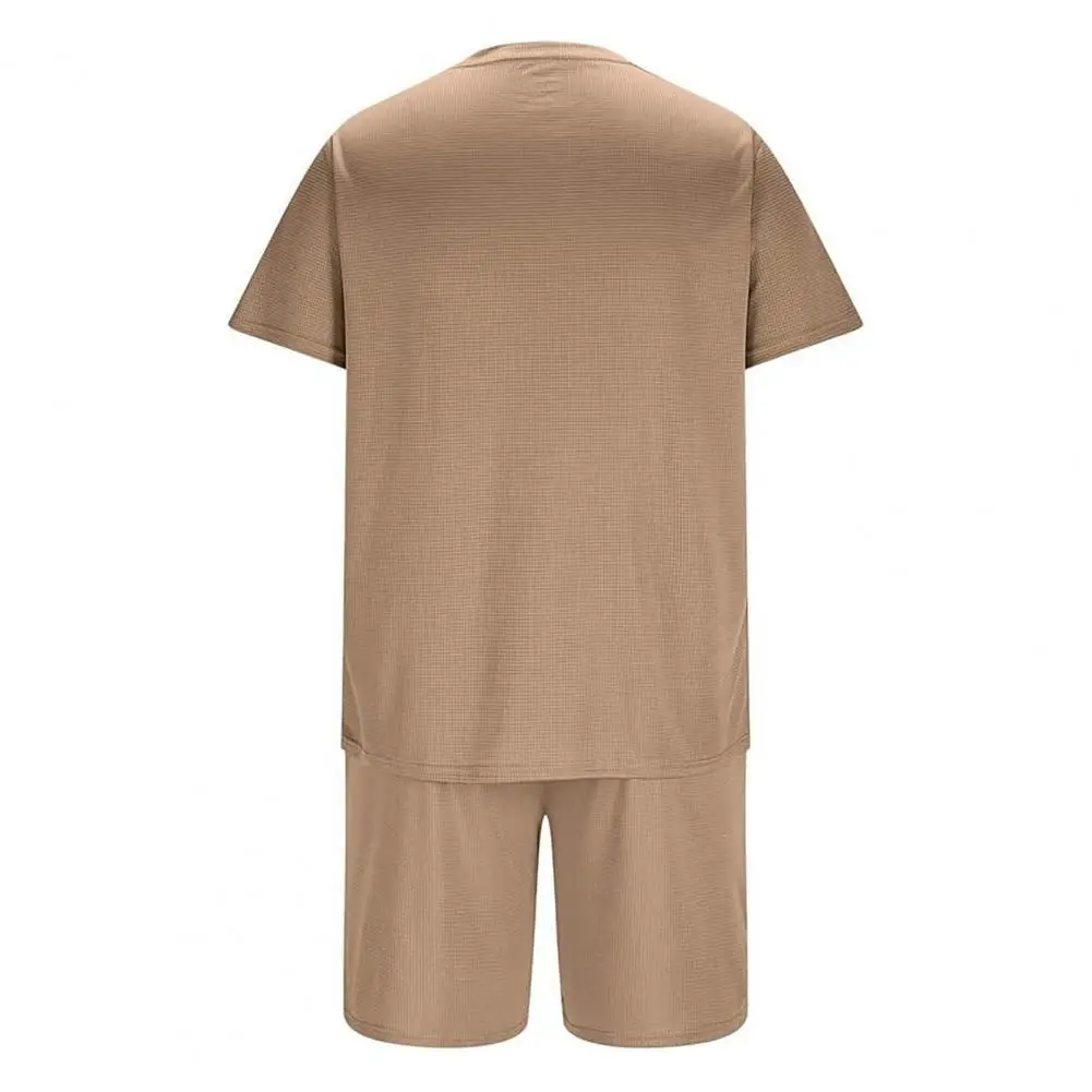 

Skin-friendly Workout Clothes Men's Waffle Fabric Sports Suit with O-neck T-shirt Wide Leg Shorts Set Elastic for Active for Gym