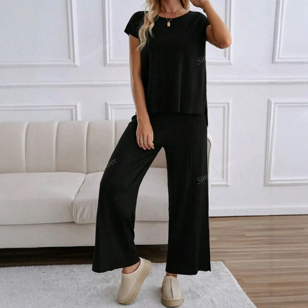 2023-秋の新スタイルの気質対照的なカラースリットファッションカジュアル長袖ニットハイウエスト痩身ワイドレッグパンツ