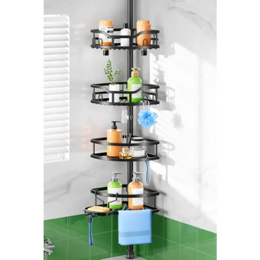 

Shower Caddy Tension Pole: Rustproof Quick Install Corner Bathroom Organizer Shelf on Floor for Renters - 4-Tier Large Capacity