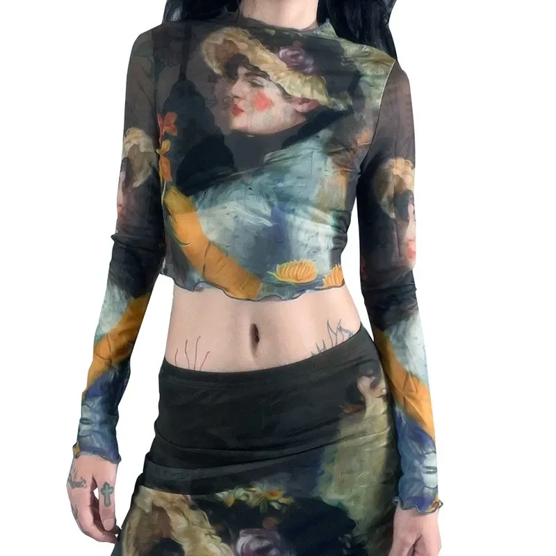 Women's Tie-Dye Clothing Set Stretch Long Sleeve Top and Skirt Set Spring and Autumn Y2K Set