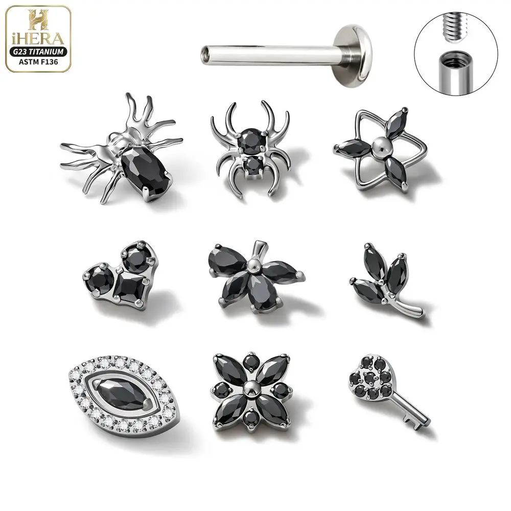 G23 Titan Piercing-Schmuckset mit dunklen Edelsteinen, Spinnen-, Schlangen-, Blatt- und Pfoten-Design, flache Rückseite, für Knorpel, Helix, Tragus, Conch, Labret-Ring, Set