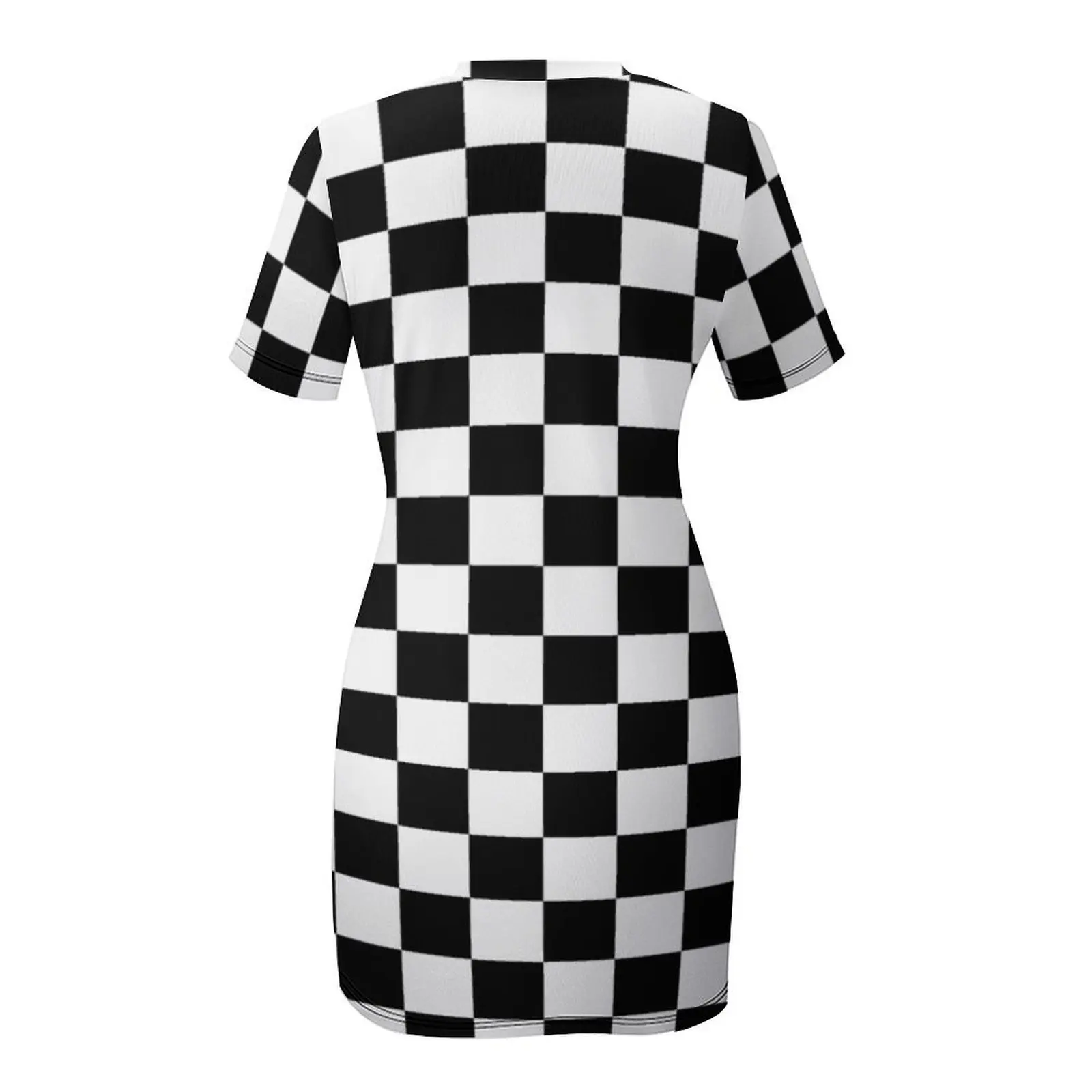 Kleines schwarz-weiß kariertes Motorsport-Rennflaggen-Karomuster mit Kissen und kurzen Ärmeln. Damenkleid, Kleider für Abschlussball