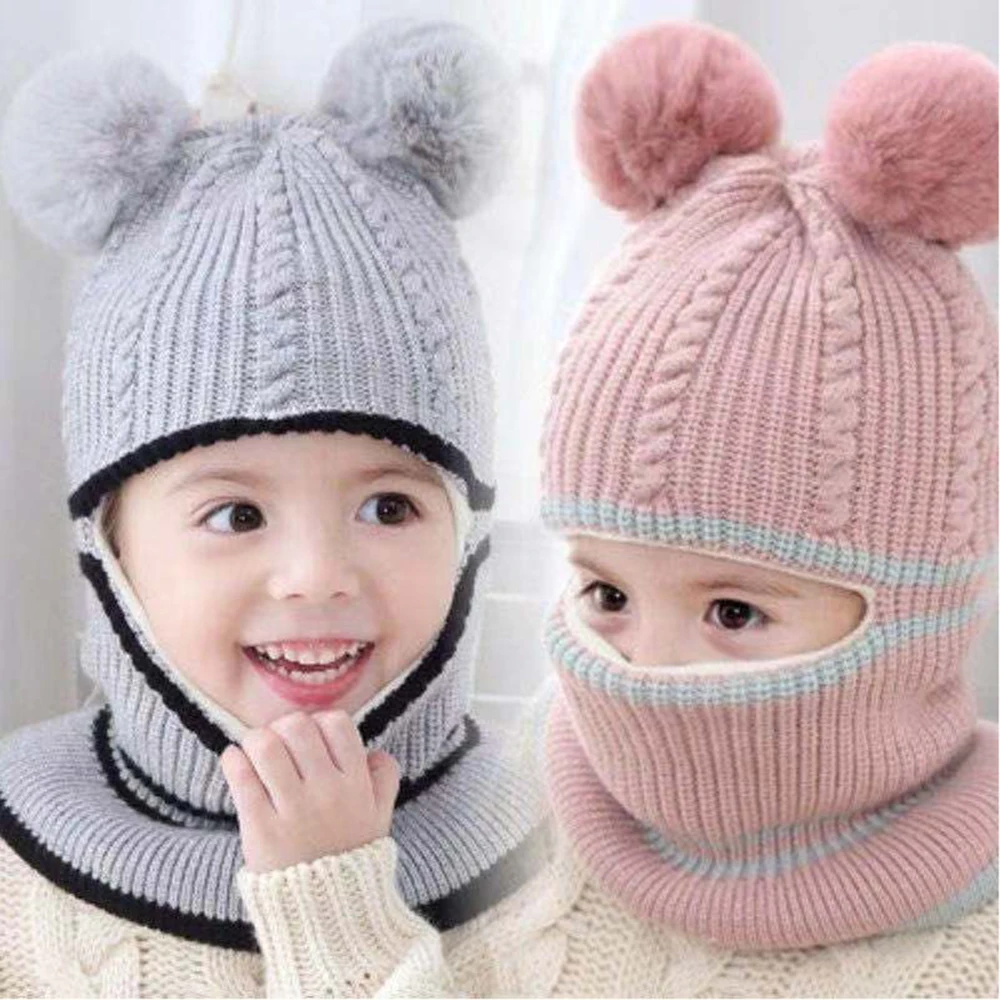 Children\'s Caps Boys Girls Knitted Woolen Beanie Hat Winter Baby Warm Hats With Scarf Cover For Kids 1-6 Year Windproof Cap