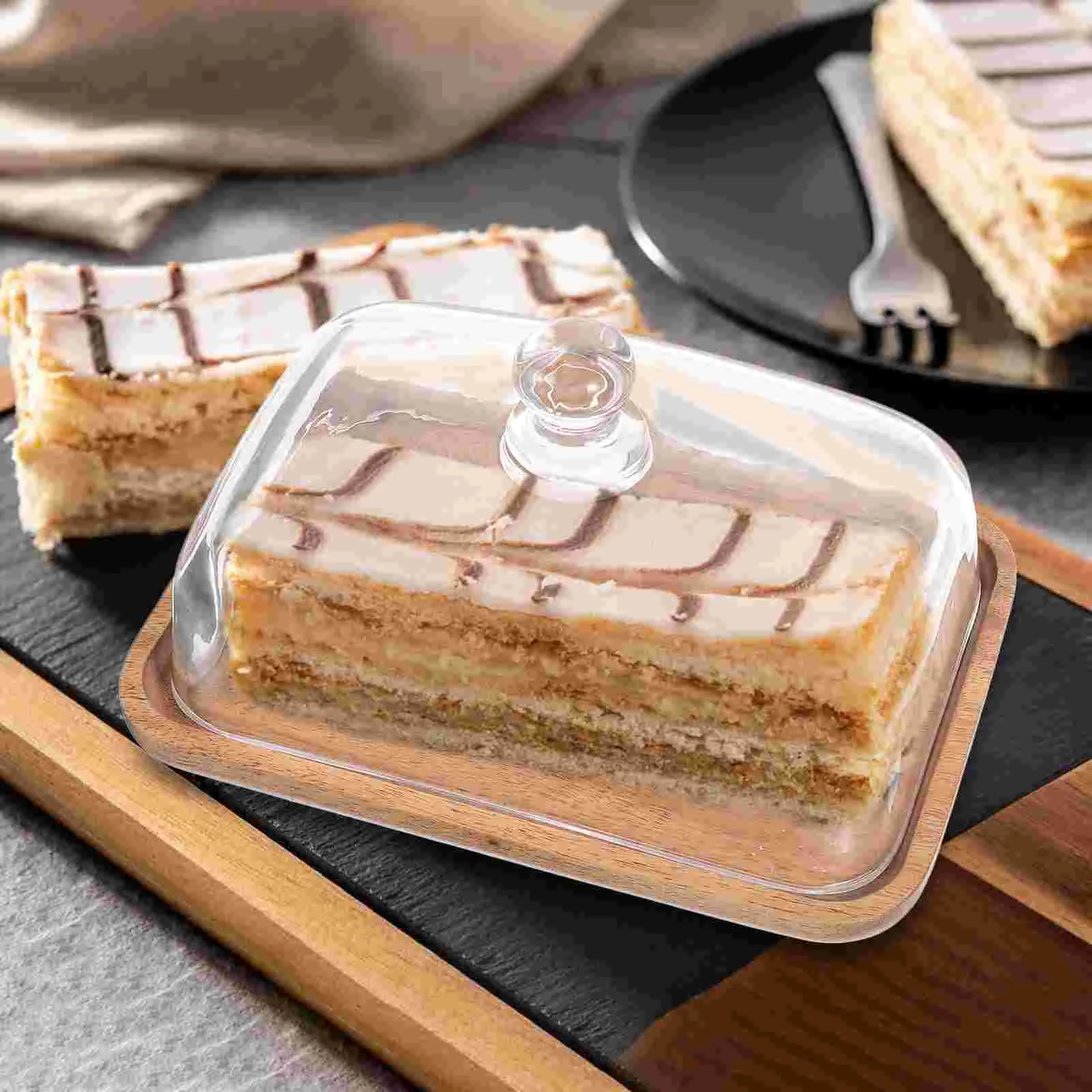 Cake Butter Plate (glass Acacia Wood Dessert Plate) Pan Tray Holder with Dome Stand Cheesecake