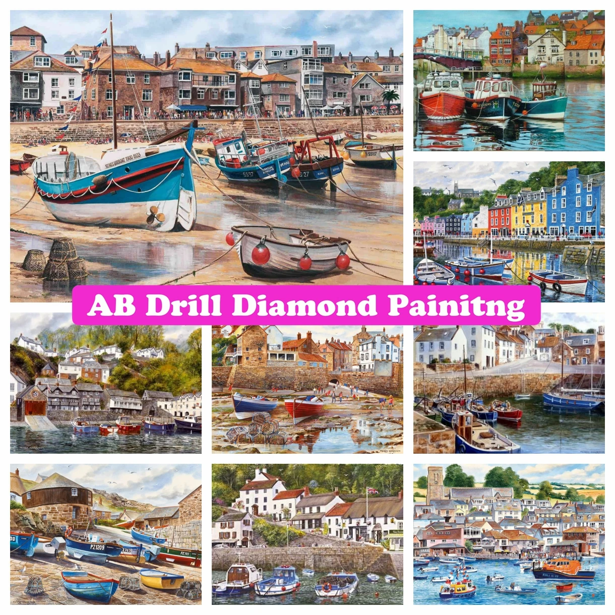 

Boat Ocean Scenery 5D DIY AB Drills Diamond Painting Mosaic Cross Stitch Kits Seaside Town Handmade Rhinestones Home Decor Gift