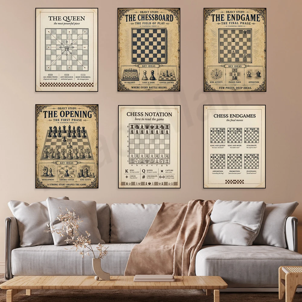 Chess King and Queen, chessboard structure, chess tactics, chess notation, retro educational posters, game room decorations
