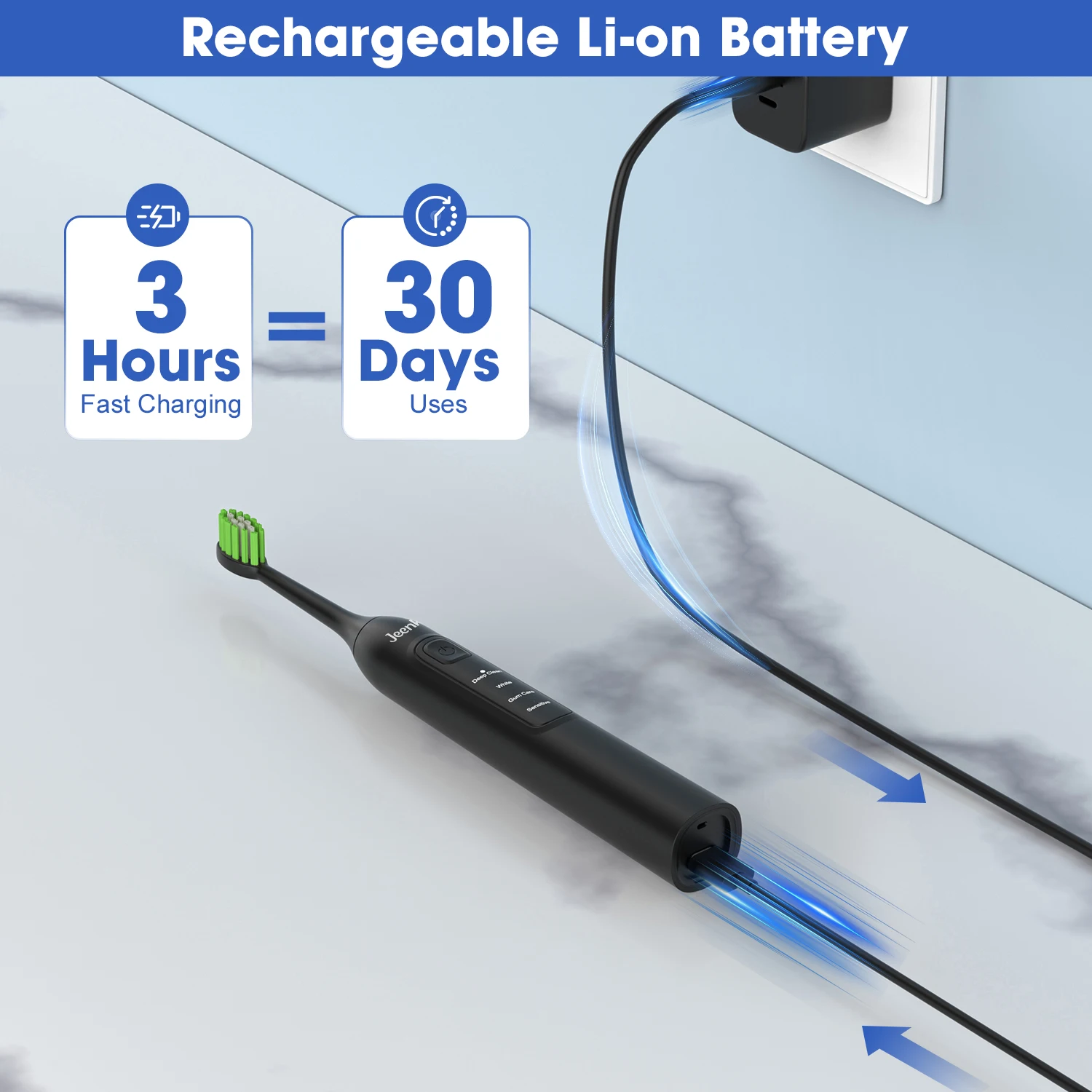 Jeenk JK-Y05 فرشاة أسنان كهربائية بالموجات الصوتية 4 طرق شاحن USB مع 6 رؤساء استبدال الموقت الذكي مقاوم للماء شعيرات ناعمة الكبار