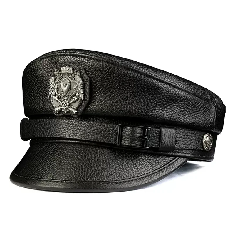 Leather Captain Sailor Caps Men High Quality Cowhide Flat Top Belt Badge European Fashion Cosplay Performance Gorra Military Hat