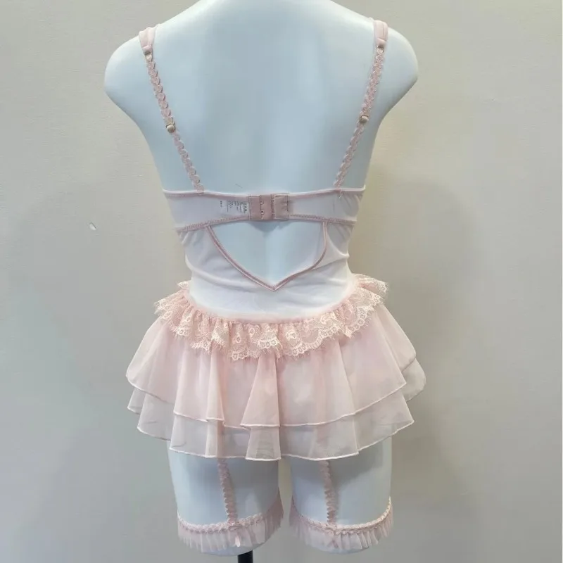 Sexy Suspender Nightdress Home Clothes Women's Sleepwear Guaze Mesh Thin Perspective Pajamas with Chest Pads Leg Covers Uniform