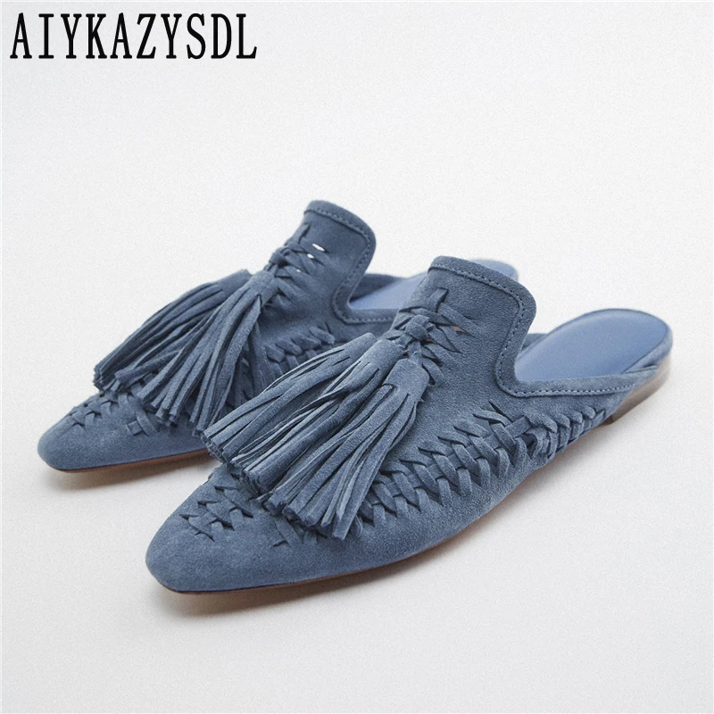 2023 New Genuine Suede leather Oxfords Women Fringe Tassel Slides Mules Streetwear Flat Heel Cut Out Shoes Slippers Plus Size