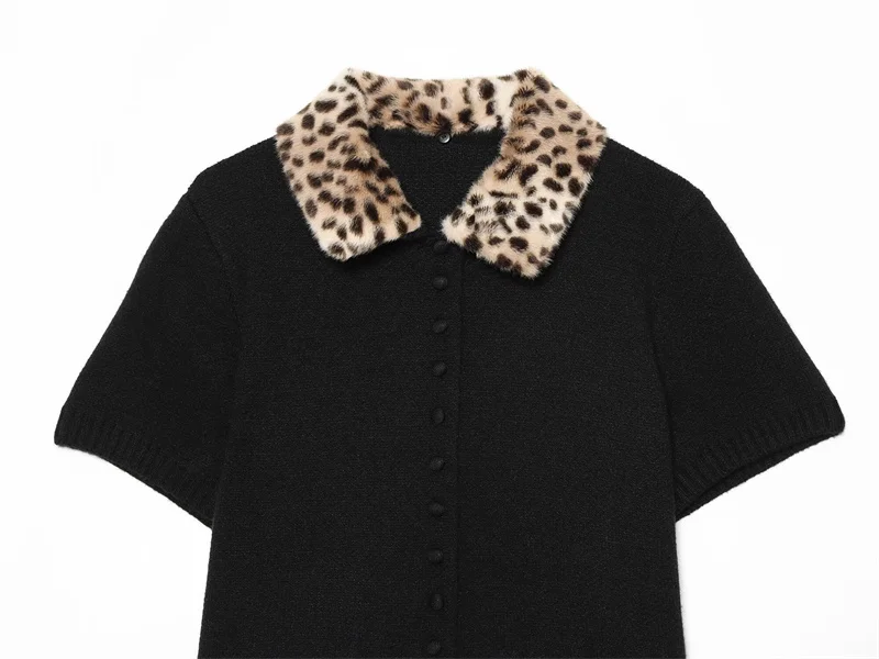 Guobioziy 2026 New Fall Contrast Collar Knitted Cardigan Women Short Sleeve Leopard Detail Button Up Top Vintage Y2K Style