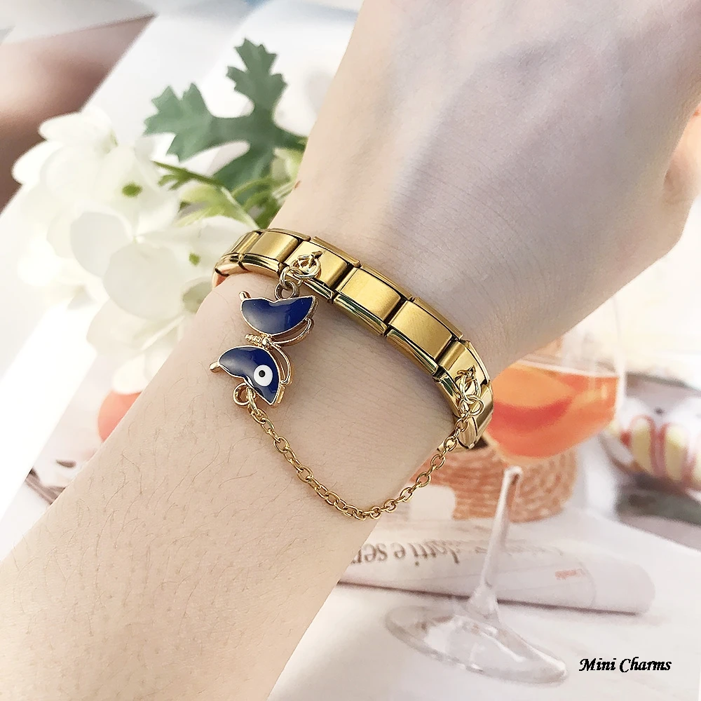 Modischer Schmetterling-Anhänger mit bösen Augen und Hängekette, italienische Charms, passend für 9-mm-Armbänder, Edelstahlschmuck – Detail 8