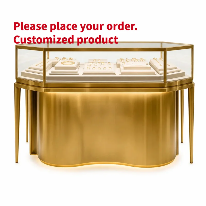 custom.Custom Premium Champagne Gold Jewelry Display Cabinet Set with Showcases Complete Store Setup Luxury Jewelry Store