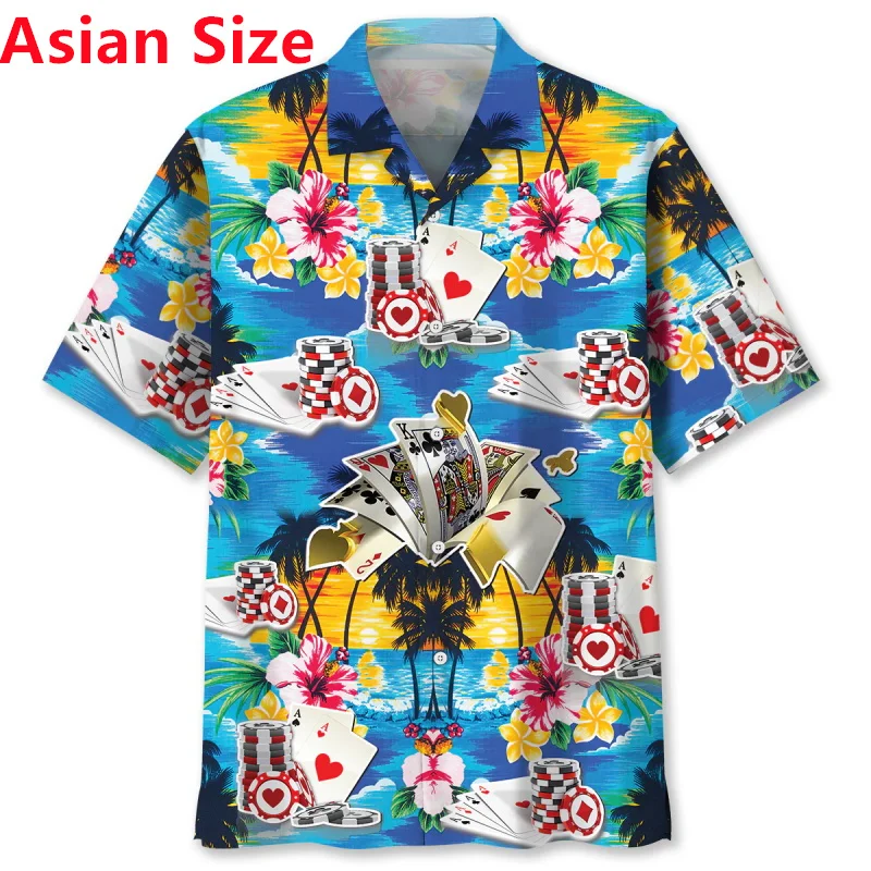 3D Print Poker Tropical Hawaiian Shirt Blouse For Men New In Short Sleeve Casual Button Beach Shirts Mens Holiday Aloha Shirt