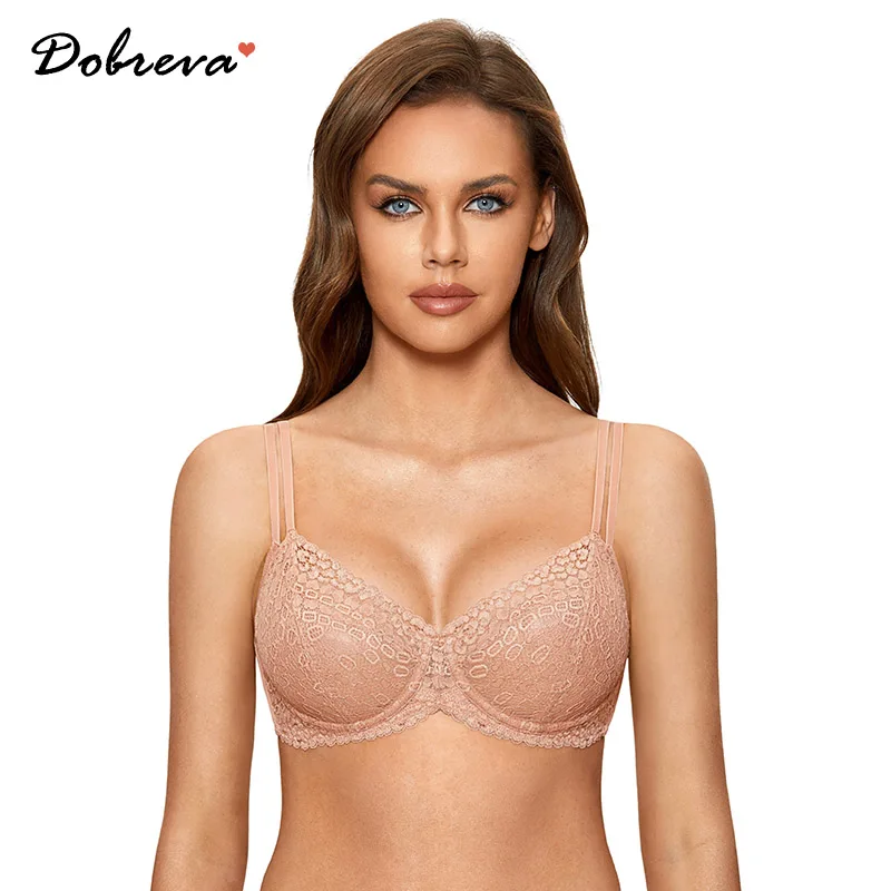 DOBREVA Reggiseno in pizzo da donna Reggiseni sexy con ferretto a copertura totale sfoderato Taglie forti Vedi attraverso il massimo comfort