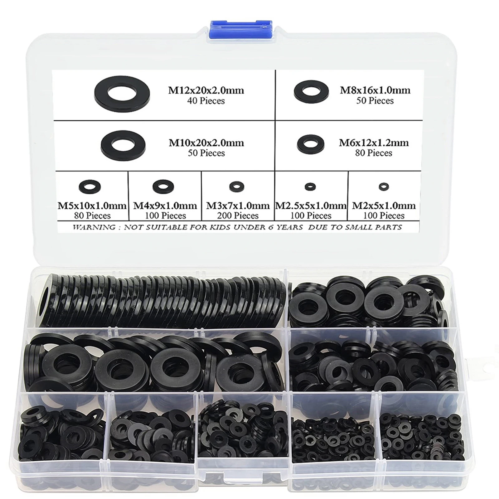 800pcs Black Plastic Flat Washers Nylon Washers 9 Sizes Washers Assortment Set Prevent Leakage, Isolate, Prevent Loosening