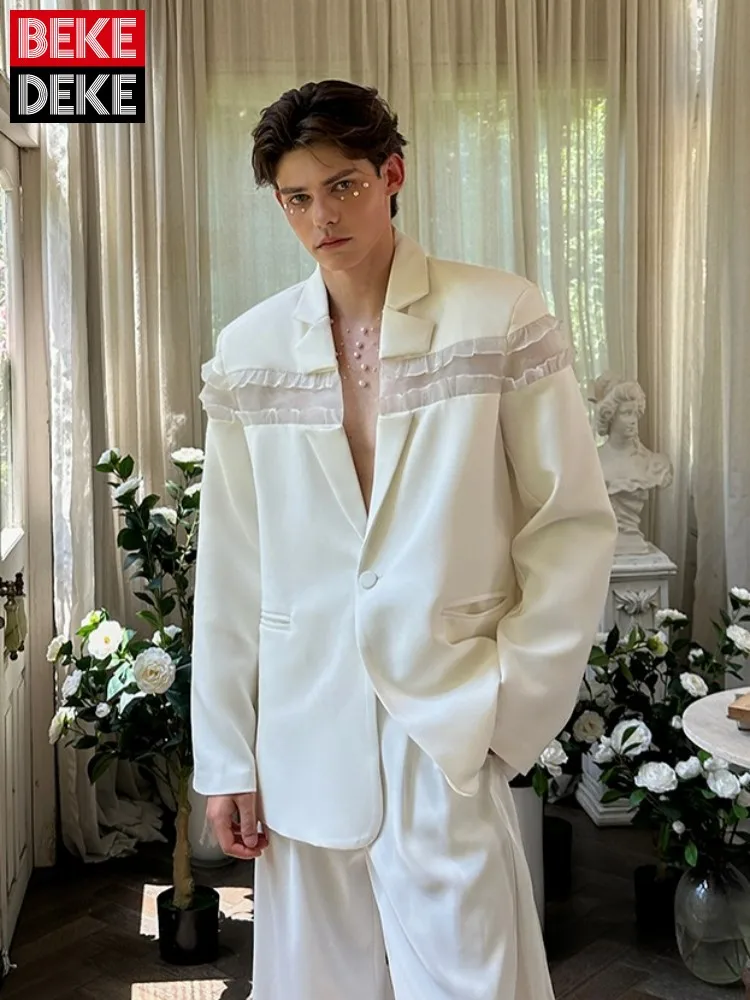 Banquet Elegant Mens Suit Jacket Patchwork Lace Single Button Groom Wedding Dress Blazers Loose Fit Designer Fashion Outerwear