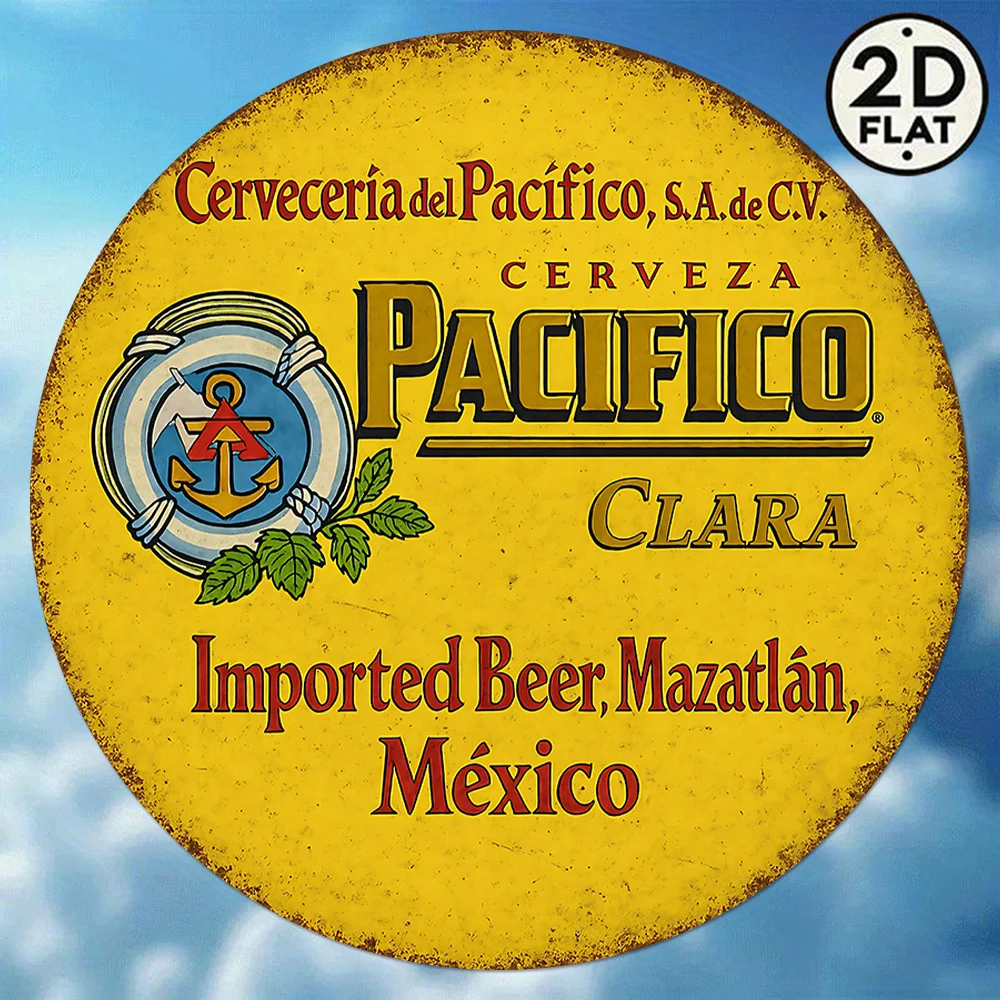 1pc Vintage Pacifico Beer Metal Wall Art Sign-8x8 Inch Round Rustic Tin Sign with Imported Beer Design, Mazatlán Mexico Heritage
