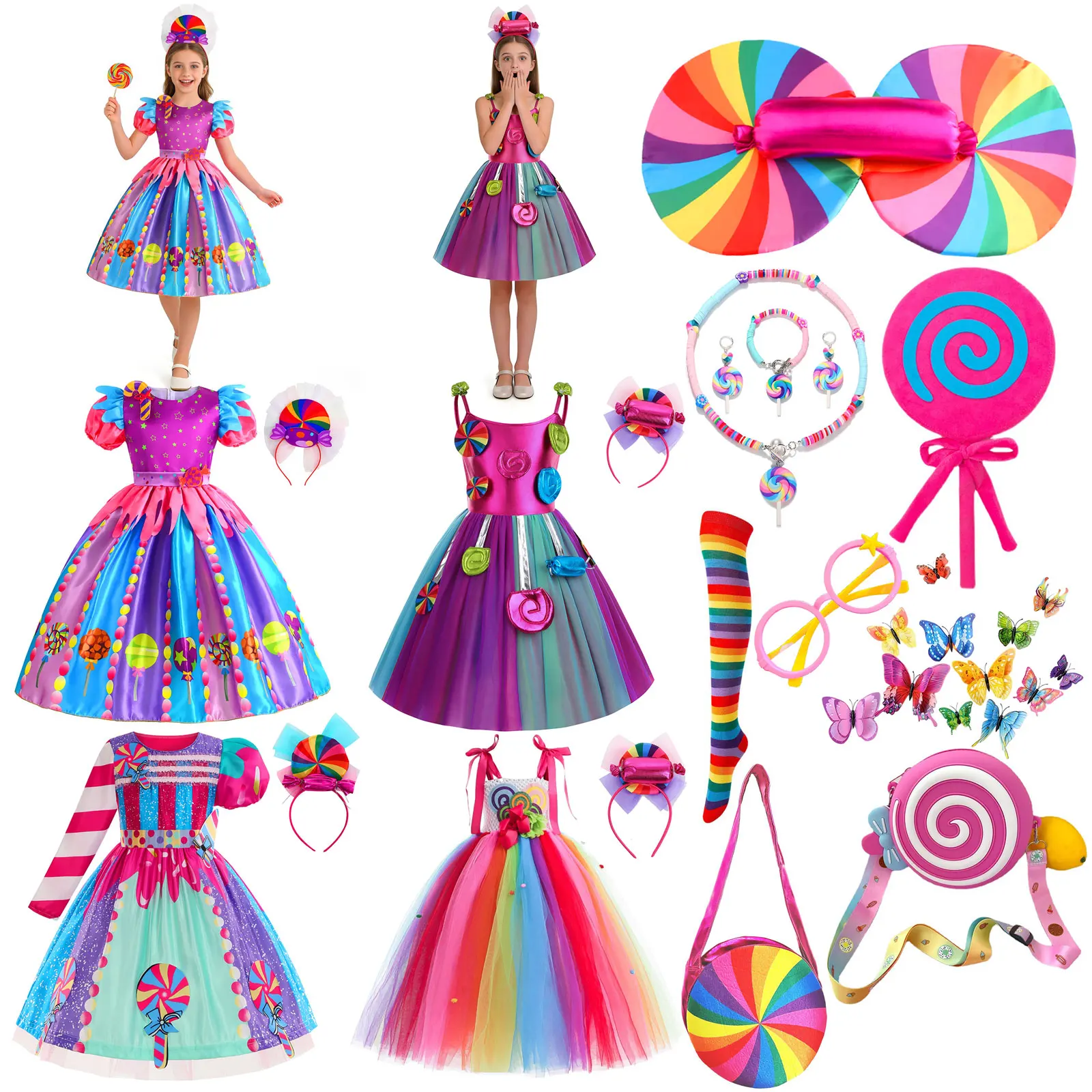 2026 New Candy Dress For Baby Girl Purim Carnival Birthday Costume Fancy Rainbow Short Sleeve Cute Dress + Accessories Set