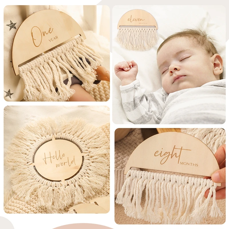 7pcs/set Wooden Baby Monthly Milestone Cards Tassel Double Sided Wooden Monthly Milestones Newborn Photoshoot Props Shower Gifts