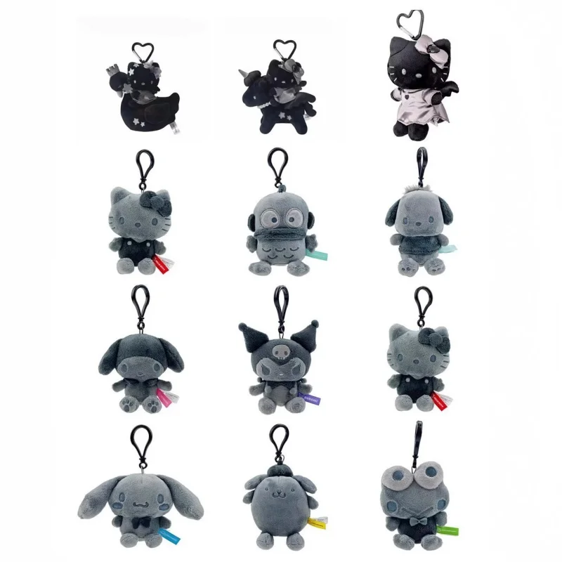 Kawaii Sanrio Hello Kitty Hangyadon Cinnamoroll All Black Series Soft Plush Stuffed Doll Heart-Shaped Buckle Keychain Girl Gift