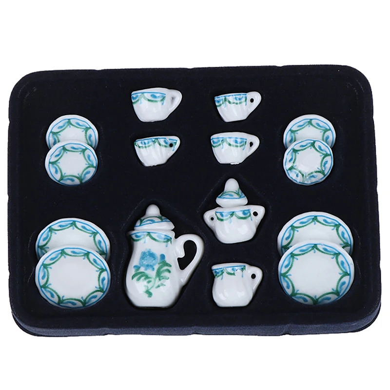 1:12 Miniature 15pcs Porcelain Tea Cup Set Chintz Flower Tableware Kitchen