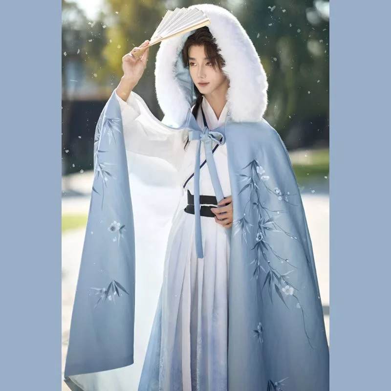 Cape à col en peluche vintage Royal Knight pour hommes, velours épais, impression de bambou, longue robe, Hanfu Everak, faille, glace, neige, hiver, cosplay