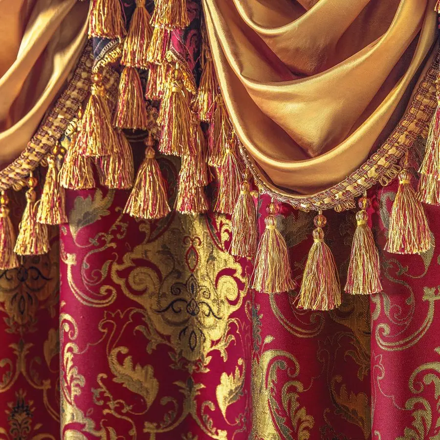 Rideaux de fenêtre en damassé rouge de luxe avec cantonnières et attaches en cascade, rideaux occultants classiques en jacquard 2 panneaux pour