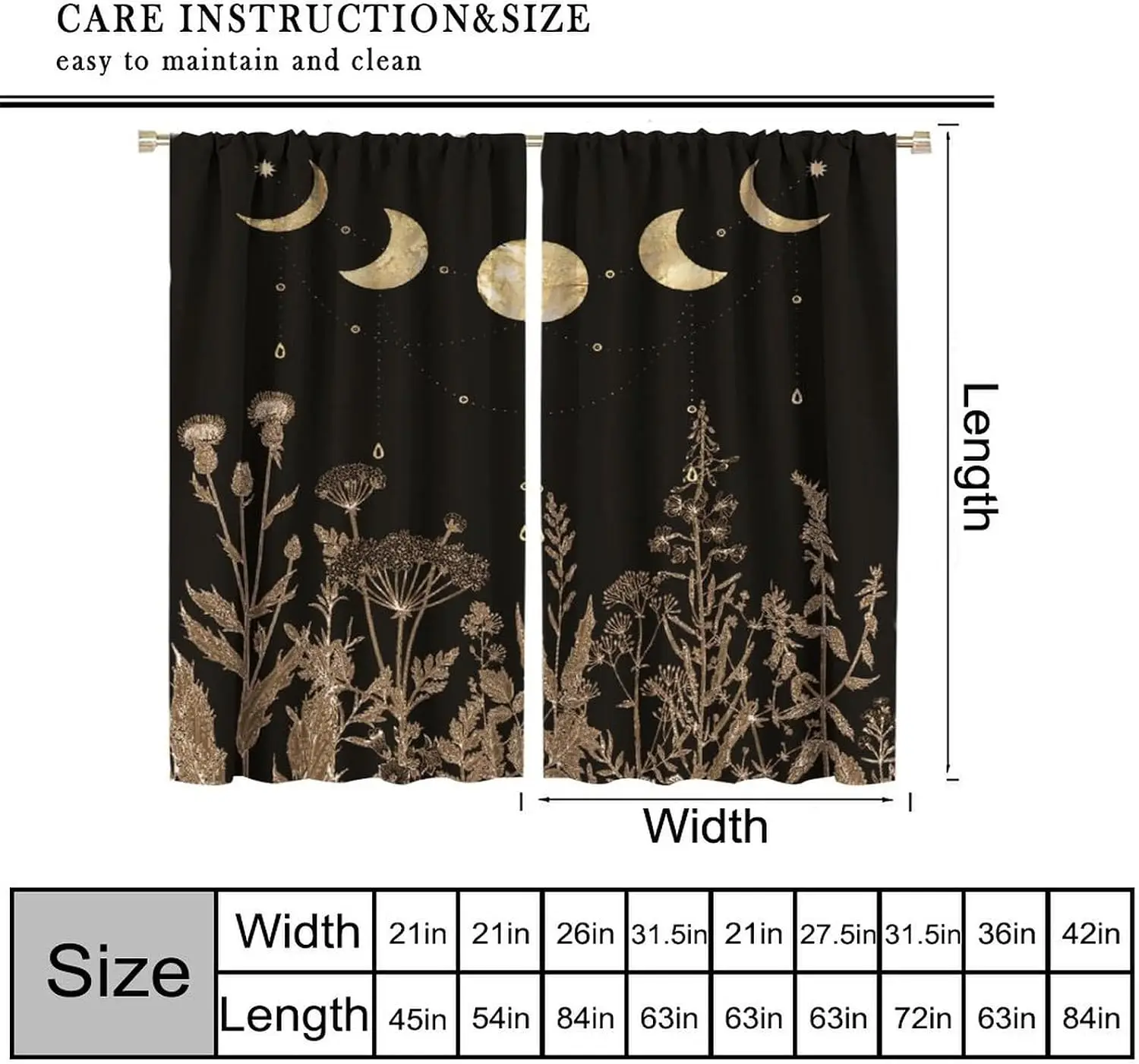 Boho Bohemian Celestial Moon Star Floral Curtains Black and Gold Foil Print Cosmic Galaxy Window Panels Drapes for Bedroom Livin