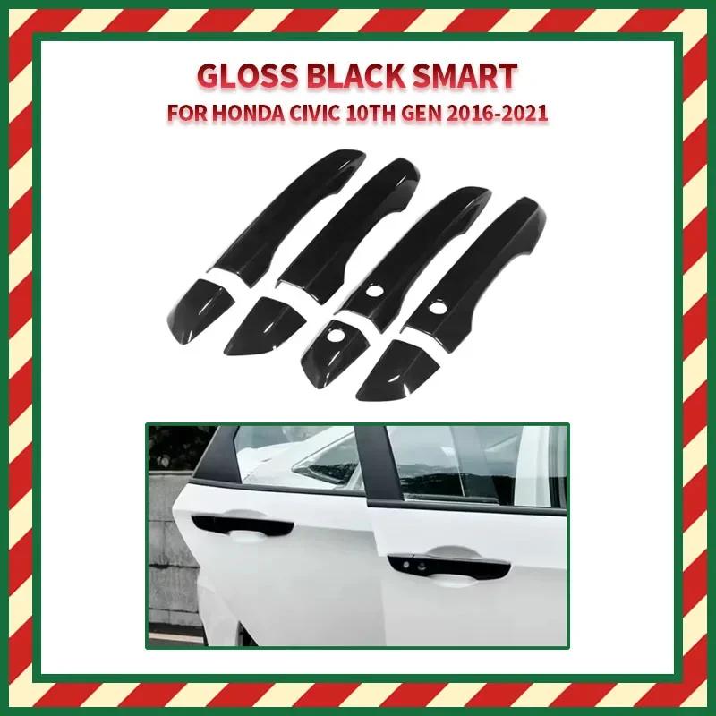For Honda Civic 10th Gen 2016-2021 Car Carbon Fiber Style Black Exterior Door Handle Moulding Cover Trim w/Keyless Entry Decor