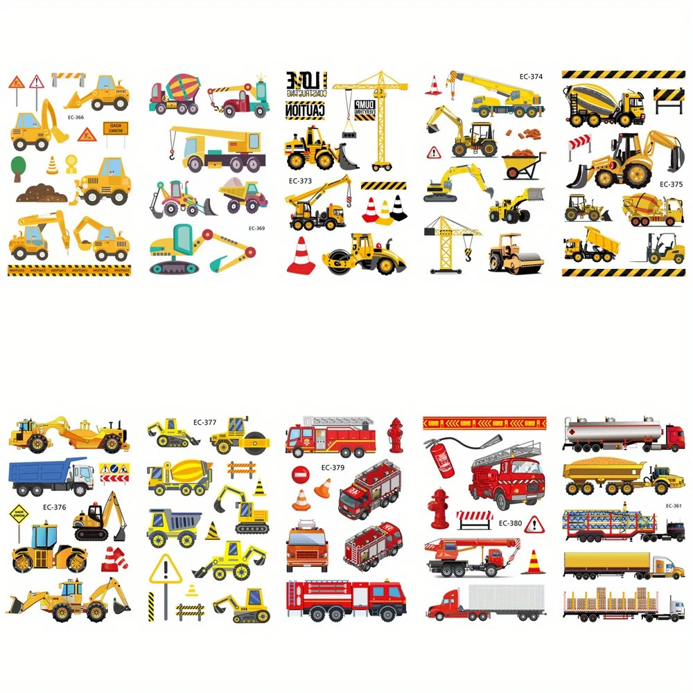 10 Sheets Excavator Construction Vehicle Tattoo Patch Tattoo Sticker Waterproof Long Lasting Arm Party Temporary Tattoo
