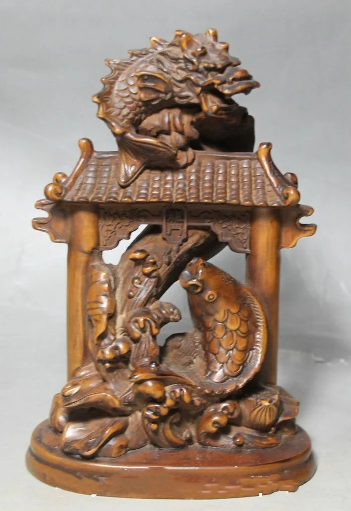 Chinese Collect Exquisite Boxwood Carving Door Gate Lotus Flower Dragon Loong Fish Animal Statue