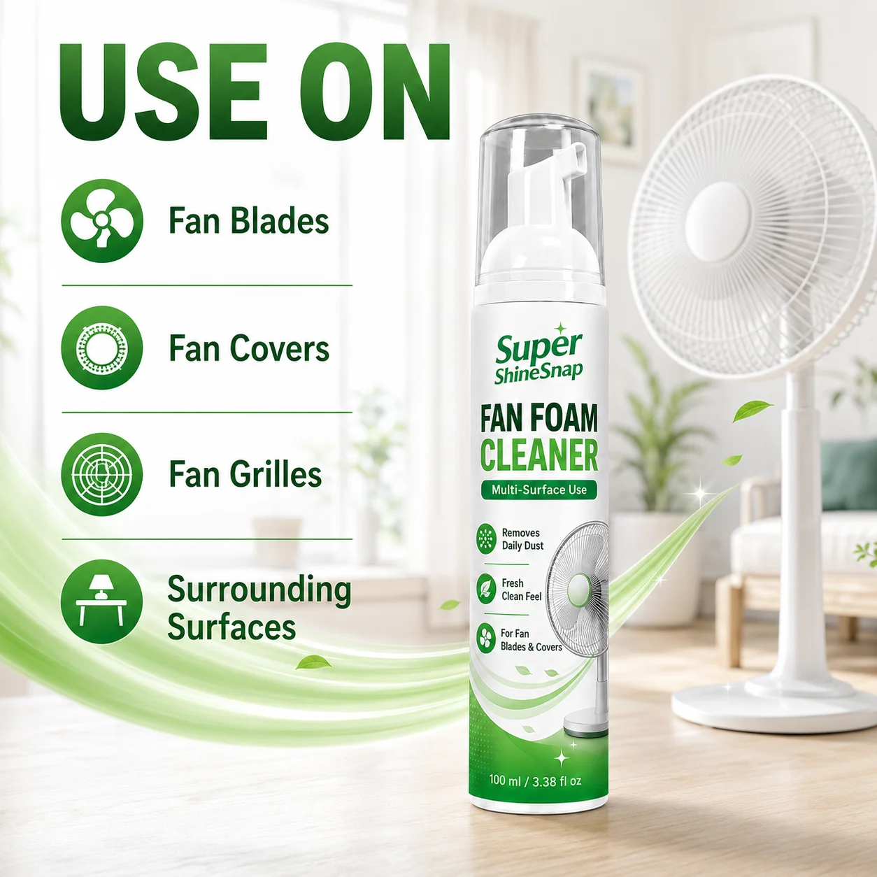 Fan Care Foam Cleaner, Easy Spray Foam Cleaner for Fan Blades, Fan Grilles, Covers and Household Dusty Surfaces, Fresh Clean Scent, Convenient Home Cleaning