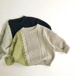 2024 Autumn New Children Long Sleeve Knit Sweater Vintage Girls Patchwork Sweater Kids Boys Cotton Knitted Pullover Baby Clothes