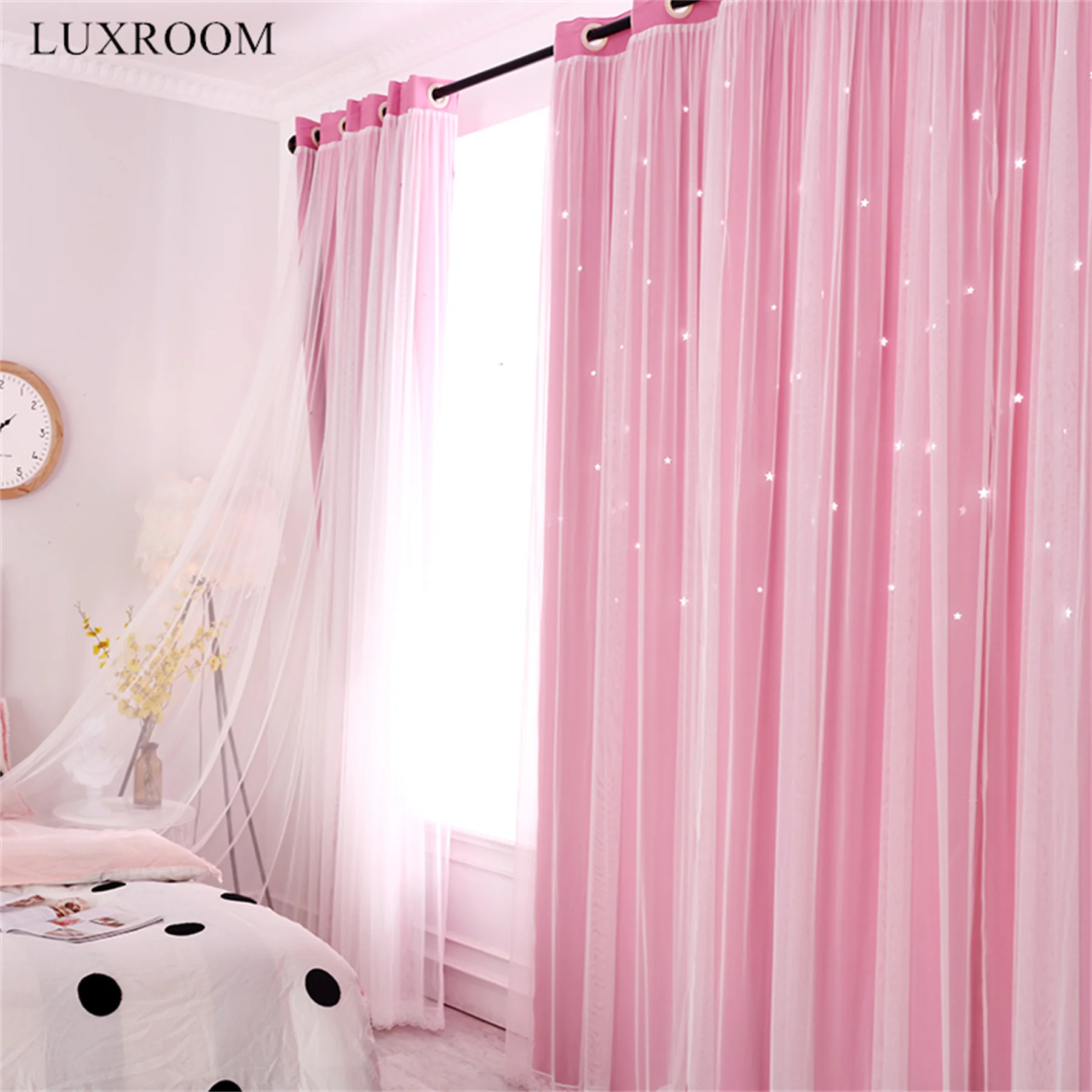 

Double Layer Curtains Blackout Cloth + Voile For Bedroom Living Room Window Nordic Star Printed Princess