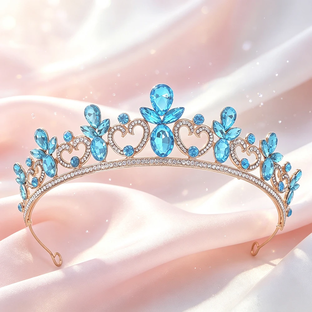 1pc Women Gold Tone Heart Rhinestone Tiara Crown Bridal Wedding Headpiece Queen Pageant Sweet 16 Birthday Party Hair Ornament