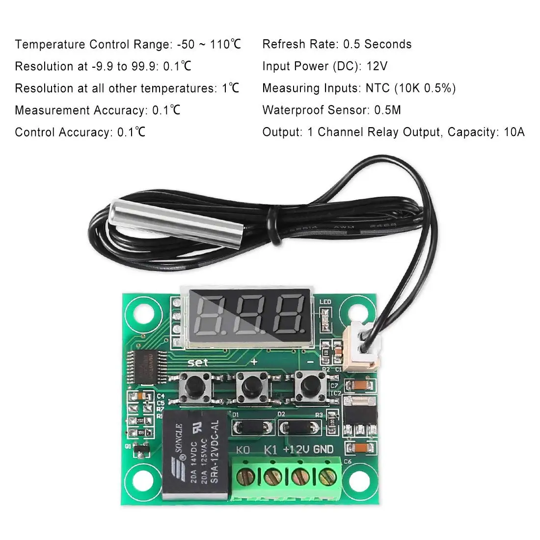 Modulo regolatore di temperatura da 2 pezzi con custodia, modulo termostato digitale con Display a LED XH W1209 con sonda NTC impermeabile-50 ~ 110 ℃