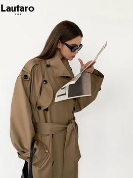 Lautaro Spring Autumn Oversized Khaki Long Grey Trench Coat for Women Double Breasted Loose Casual Korean Fashion Overcoat 2024 2 Lautaro Spring Autumn Oversized Khaki Long Grey Trench Coat for Women Double Breasted Loose Casual Korean Fashion Overcoat 2024 2