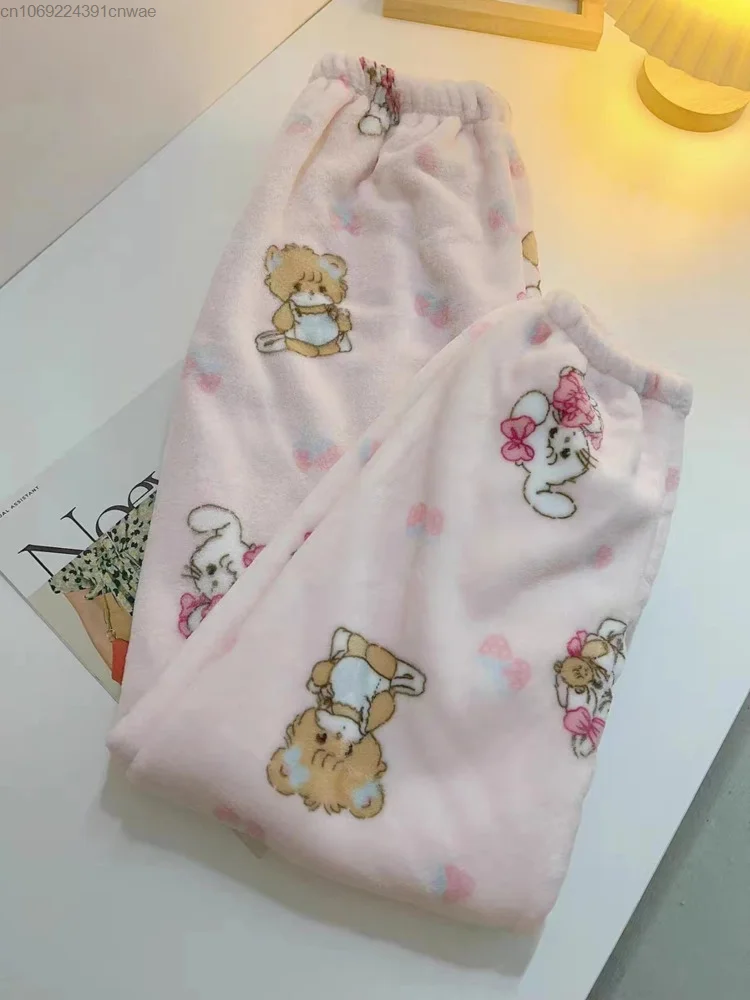 Kawaii Mikko Coral Plush Sleepwear Set Female Cartoon Cute Warm Pijama Pjs Thickened Home Fur Sleeping Wear Two Piece Set Girls