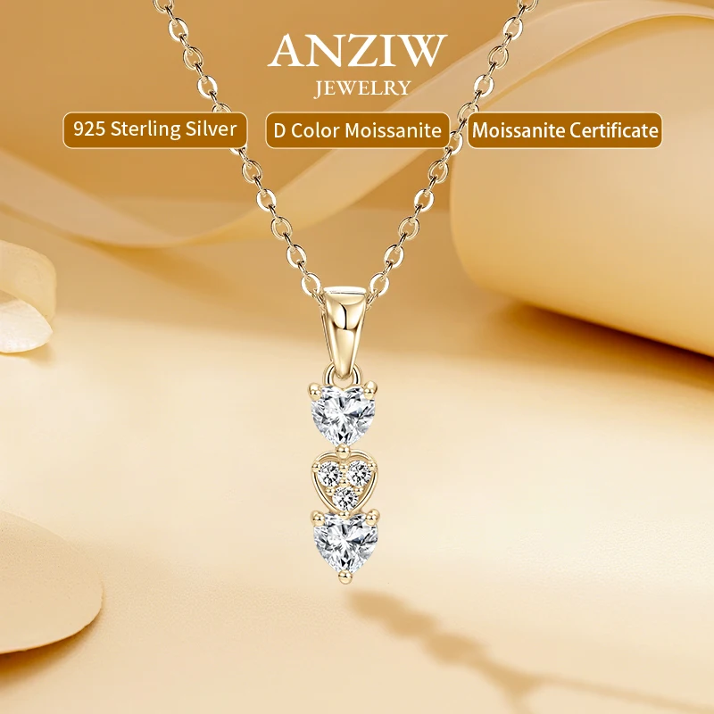 

Anziw Triple Hearts Moissanite Pendant Necklaces for Women 925 Silver Chain Love Heart Collar 2025 New Jewelry Chritsmas's Gift