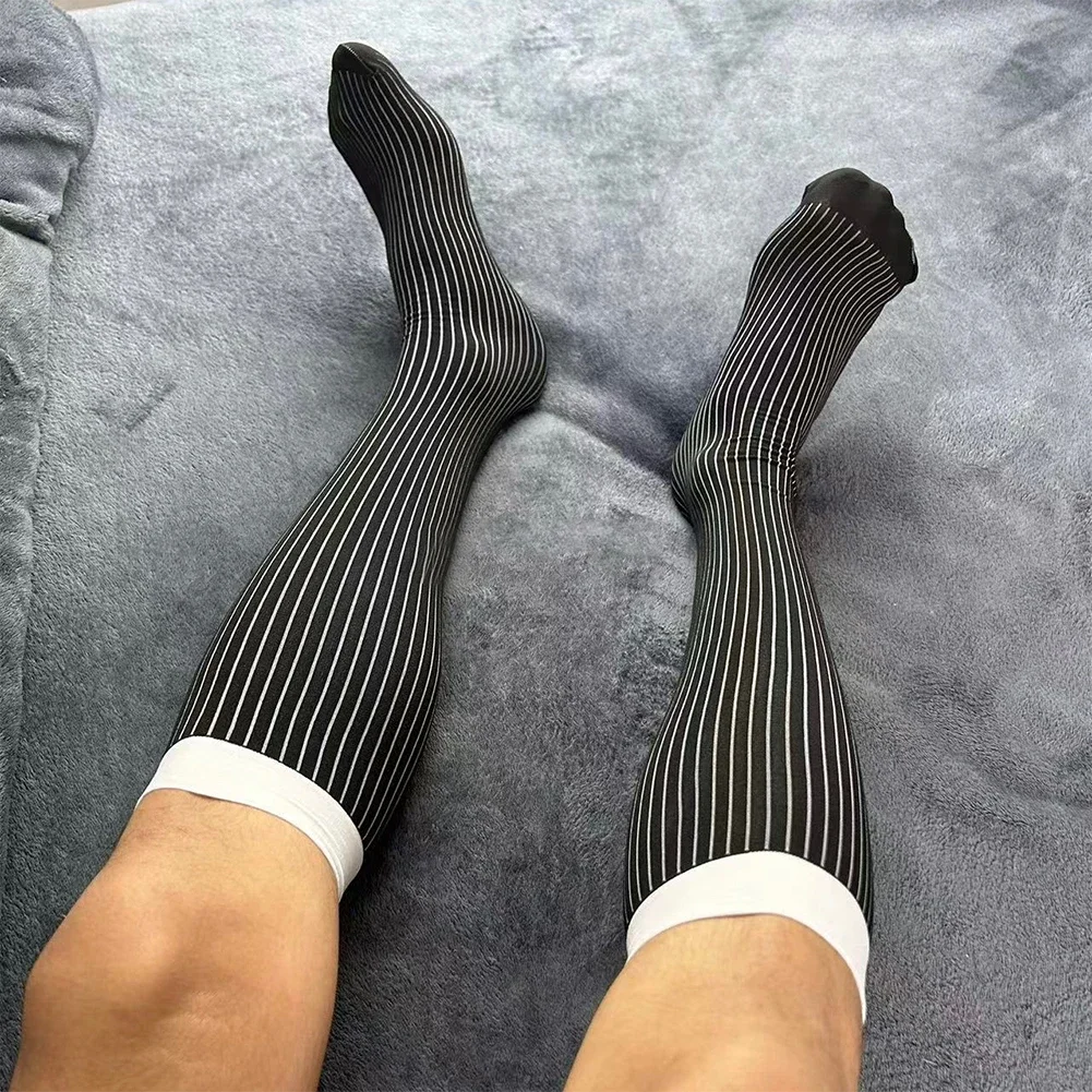 

1 Pair Fashion Men's Thin Business Formal Dress Socks Casual Striped Elastic Middle Tube Socks Comfortable