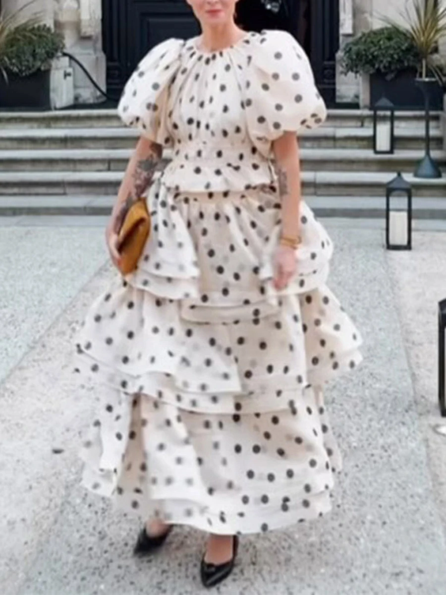 VGH Casual Loose Folds Two Piece Sets For Women Round Neck Puff Sleeve Top High Waist Long Skirt Temperament Set Female Fashion