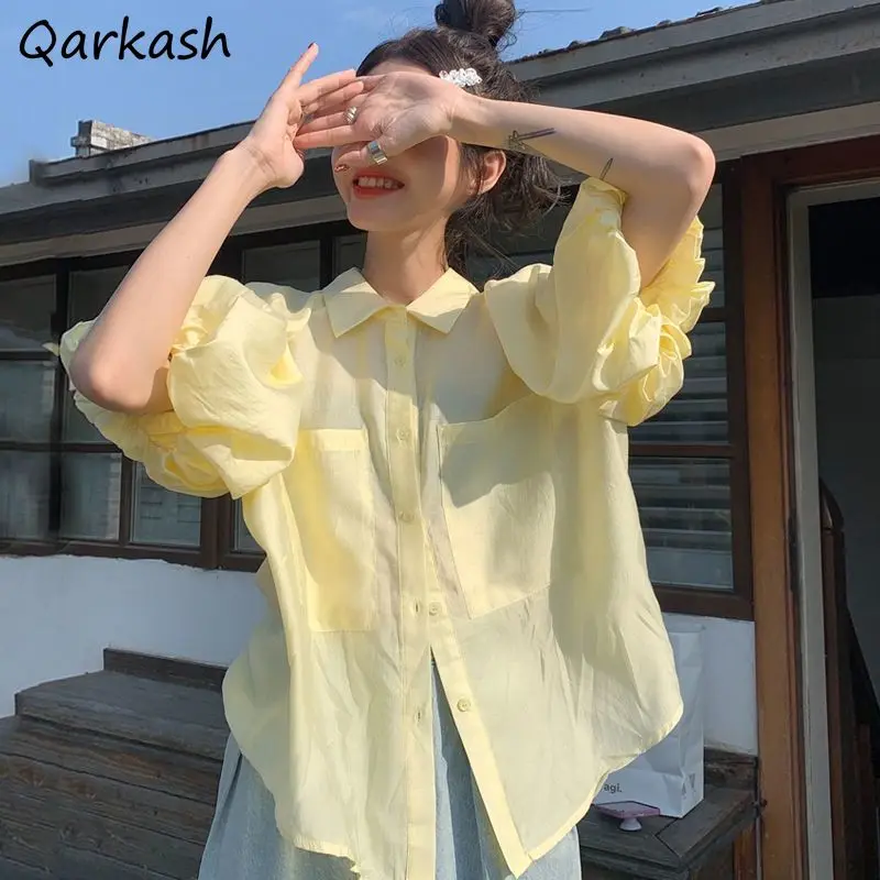 

Рубашки женские с пышными рукавами и карманами, тонкие, милые, милые, летние, в корейском стиле, повседневные, модные, винтажные, универсальные, уютные, Mujer, топы