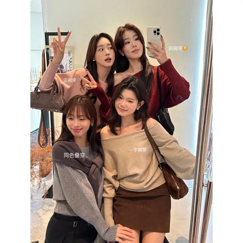 

Women's Pullover Sweater Off Shoulder Knit Tops Style Lazy Outfit Elegant Casual Wear Women Cute Kawaii Base Layer Autumn Winter