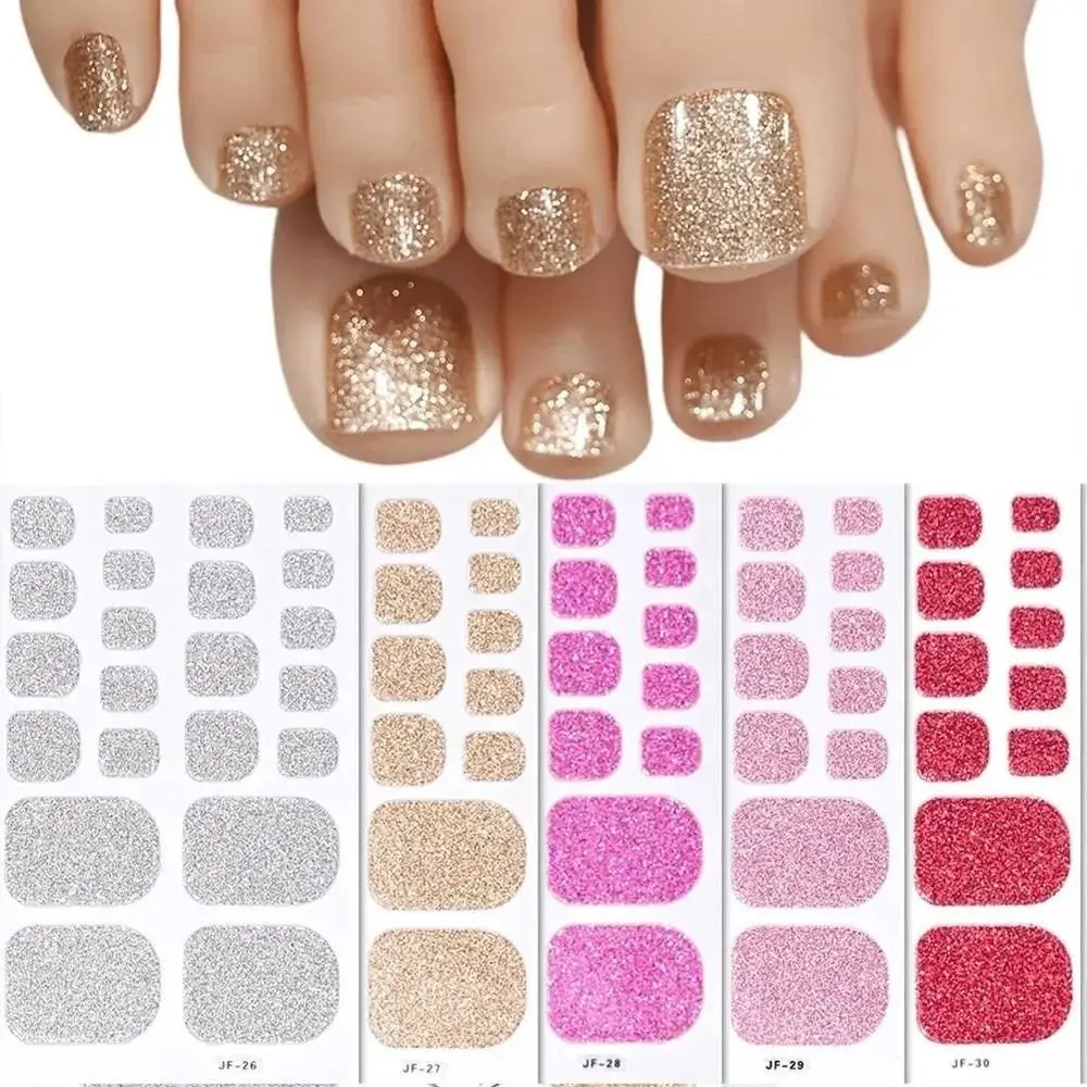 22tips/Sheet Gradient Glitter Toe Nail Stickers Solid Color Shimmer Finish No Bake Removable Adhesive Full Cover Nail Wraps