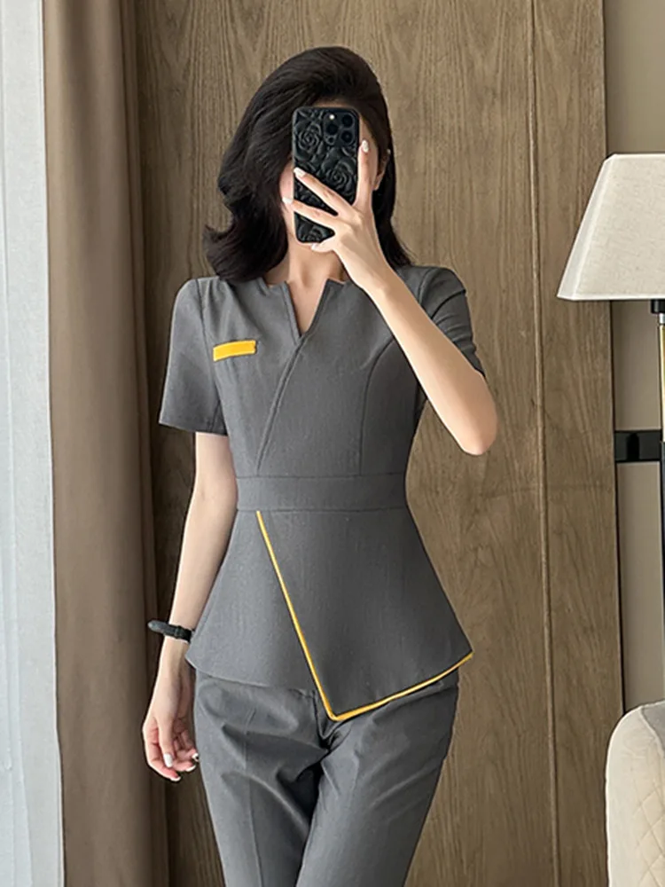 2025VWomen's Uniform Set with Gold Trim for Beauty Salon Front Desk Receptionist, Customer Service Workwear, Foot Massage Shop P