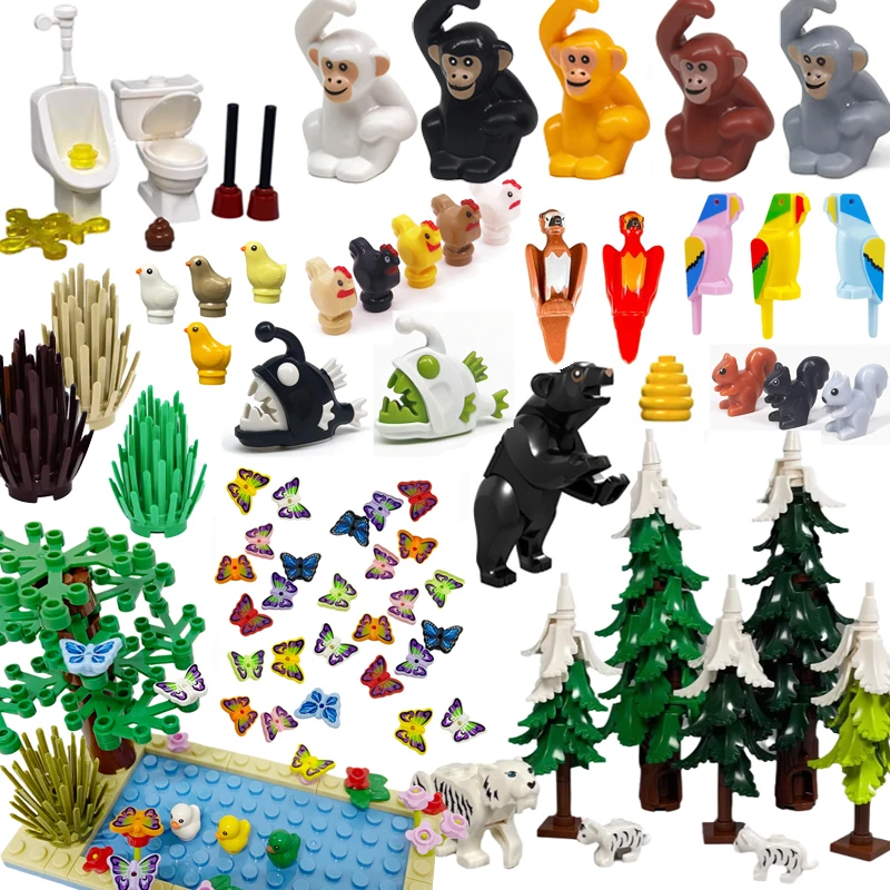 

MOC City Animal Building Blocks Butterfly Insect Bird Cat Monkey Bear Crocodile cow Winter Pine Tree Assembly Bricks Toys N15