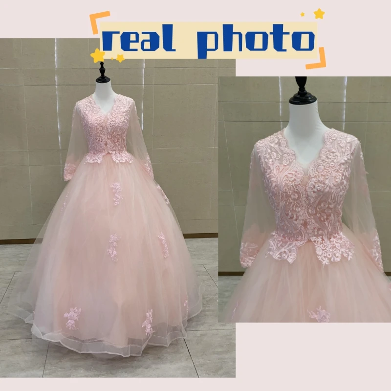 Vestidos De quinceañera rosa con cuello en V, vestidos De baile De tul con mangas, elegante De encaje Vestido largo, Vestido De depuración hecho a medida, nuevo