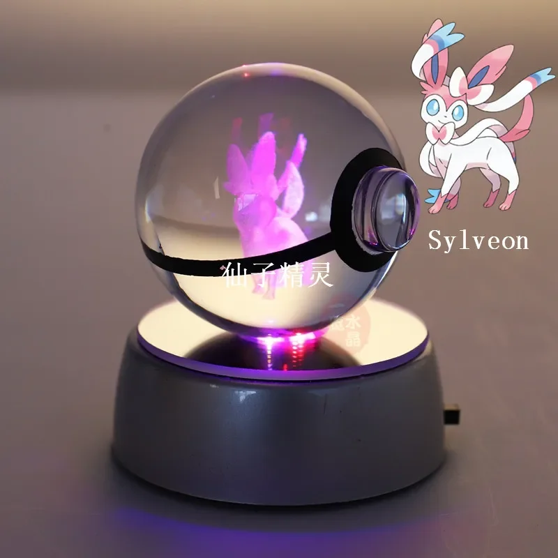 Anime Pokemon Sylveon 3D Crystal Ball Pokeball Anime Figures Engraving Crystal Model with LED Light Base Kids Toy ANIME GIFT