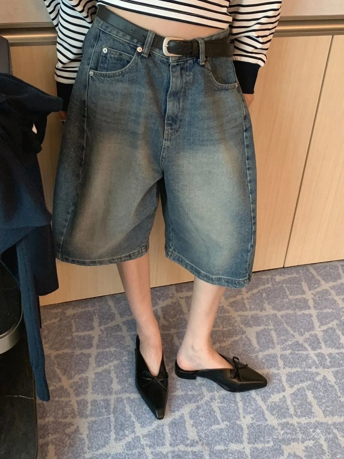 

American Retro Wide Leg Jeans Shorts Women's Summer Loose Casual Straight Cut Shorts High Waist Denim Casual Pure Color